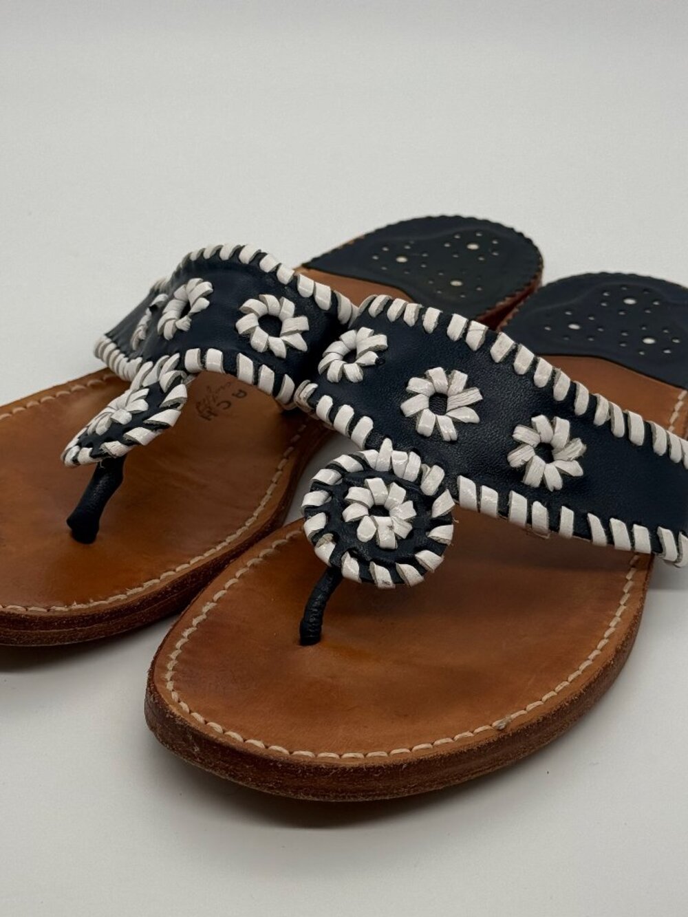 Palm Beach Sandals Women's Leather Whipstitch Thong Sandals Navy White Size 10